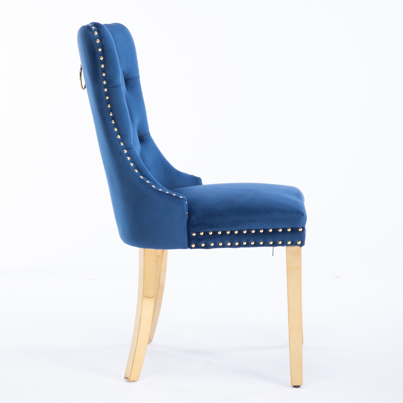 Dining Chair Set of 2 Tufted Velvet Upholstered Golden Legs Nailhead Trim - Blue
