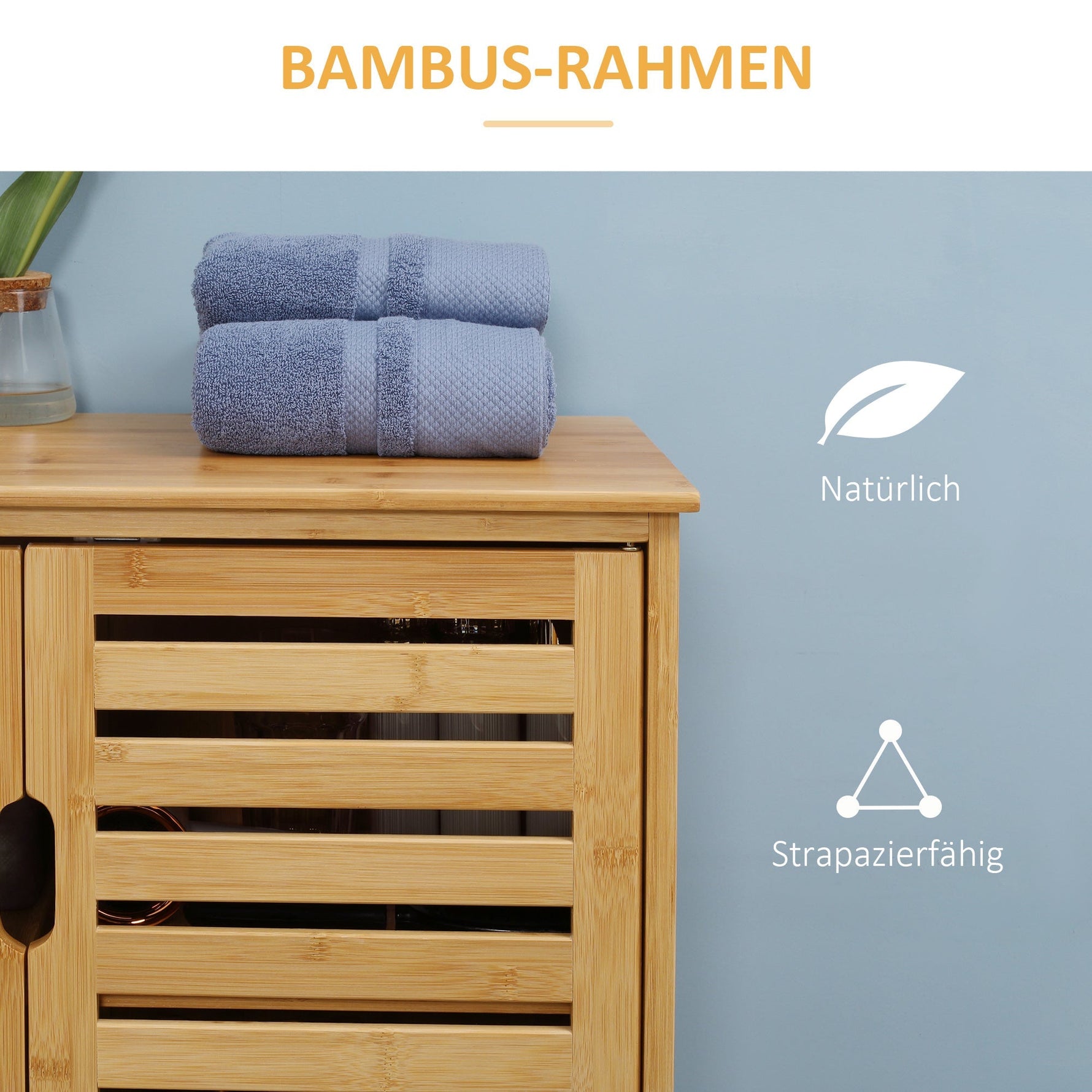 Bathroom Cabinet, 2 Slatted Doors 2 Shelves 68x32x86cm, Bamboo Natural