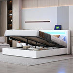 Upholstered Bed 160x200 with LED, Bluetooth, USB, Storage, PU Leather White