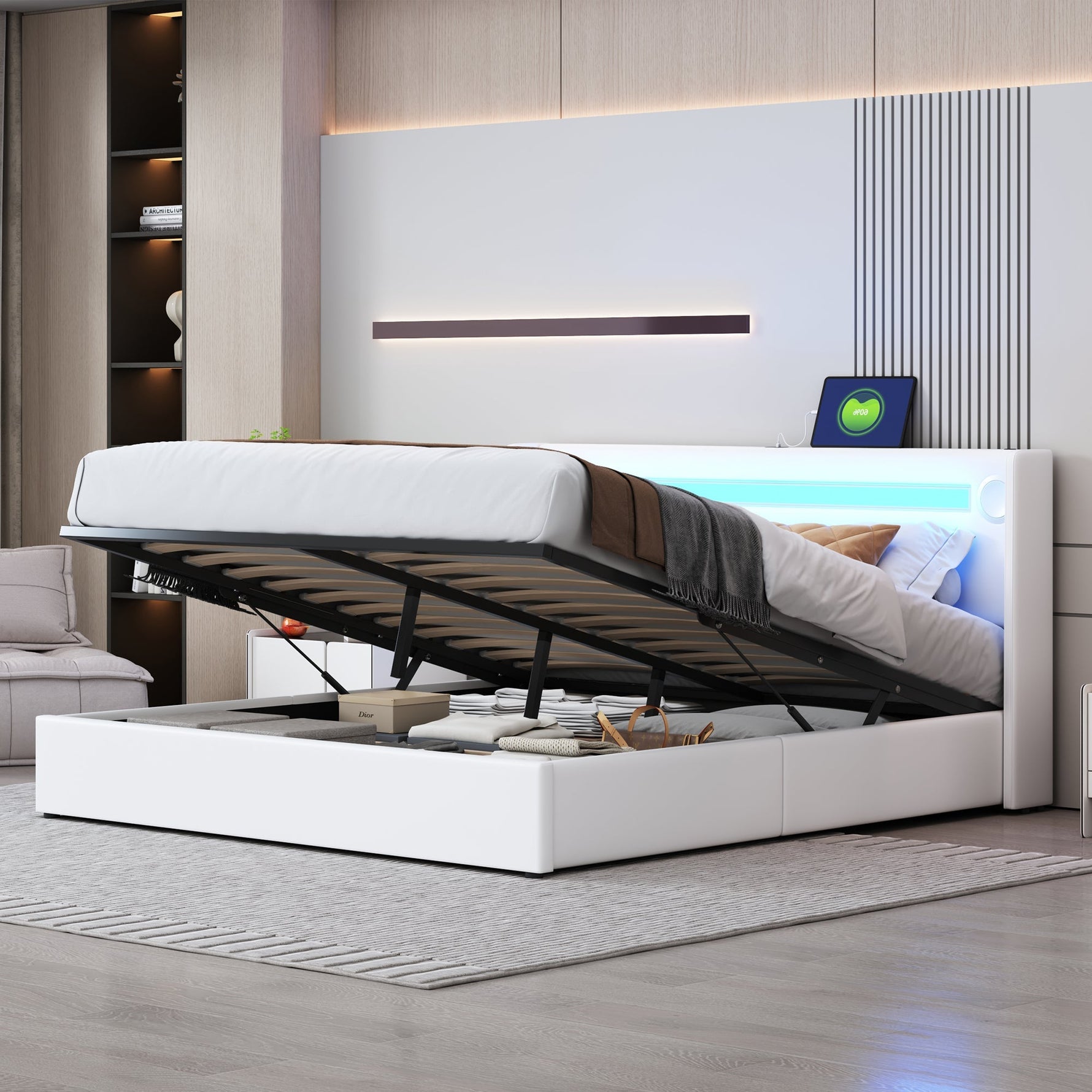 Multifunctional Upholstered Bed with LED Lighting, Bluetooth and USB Storage, White PU Leather