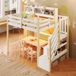 Loft Bed 90x200cm with LED Lights & Storage Ladder, White+Natural