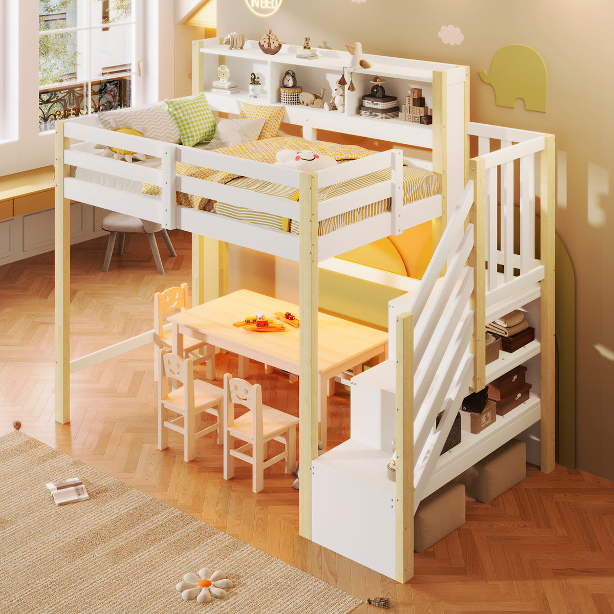Loft Bed 90x200cm with LED Lights & Storage Ladder, White+Natural
