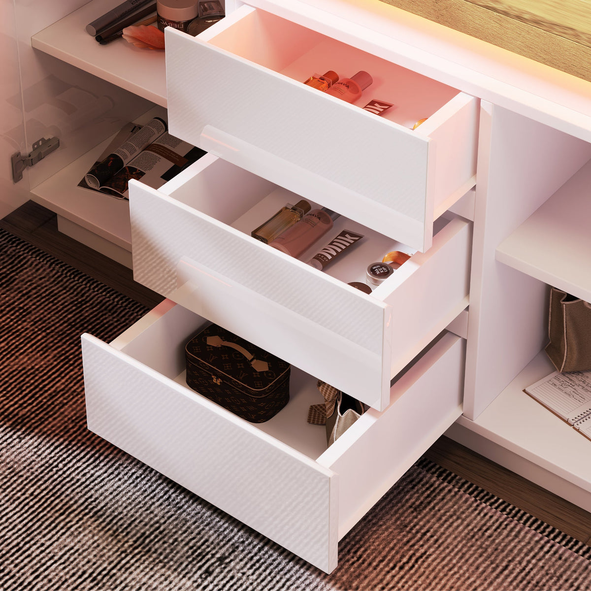 Chest of Drawers, High-Gloss Sideboard with 2 Doors & 3 Drawers, LED Lighting, White