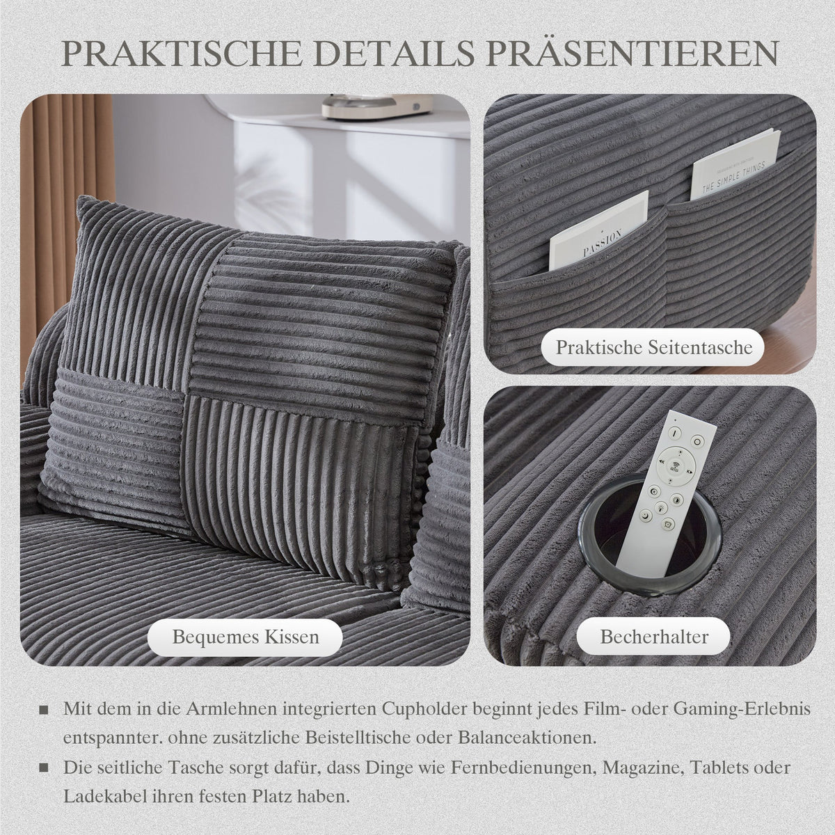 Modular Corduroy 2-Seater Sofa with Cup Holder and Storage Pocket, Dark Grey