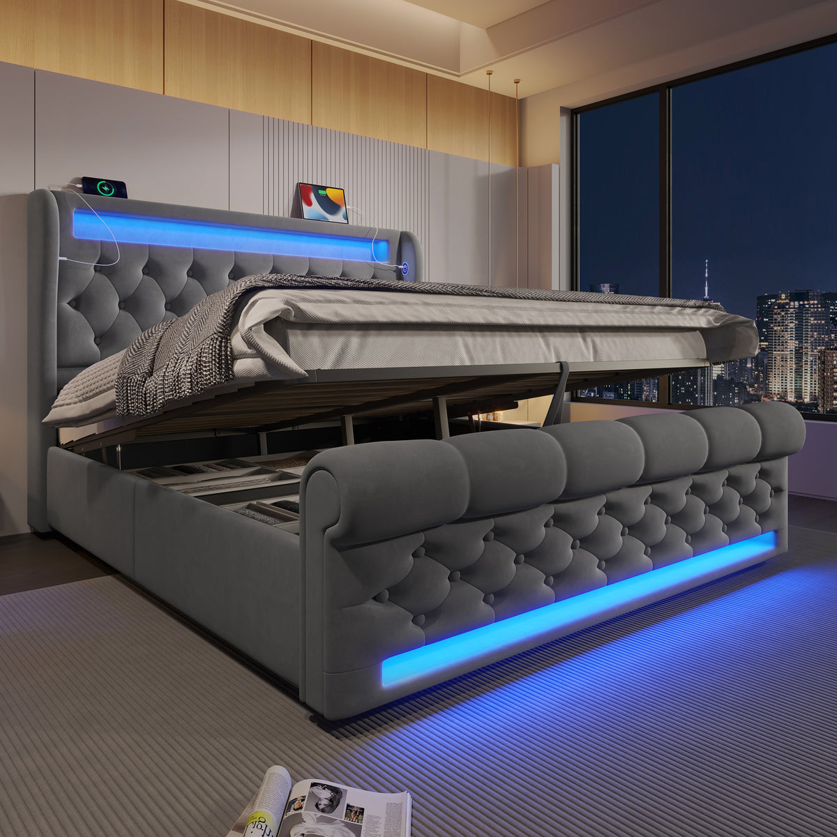 Modern Upholstered Bed 160x200cm with LED & Storage, Grey Velvet