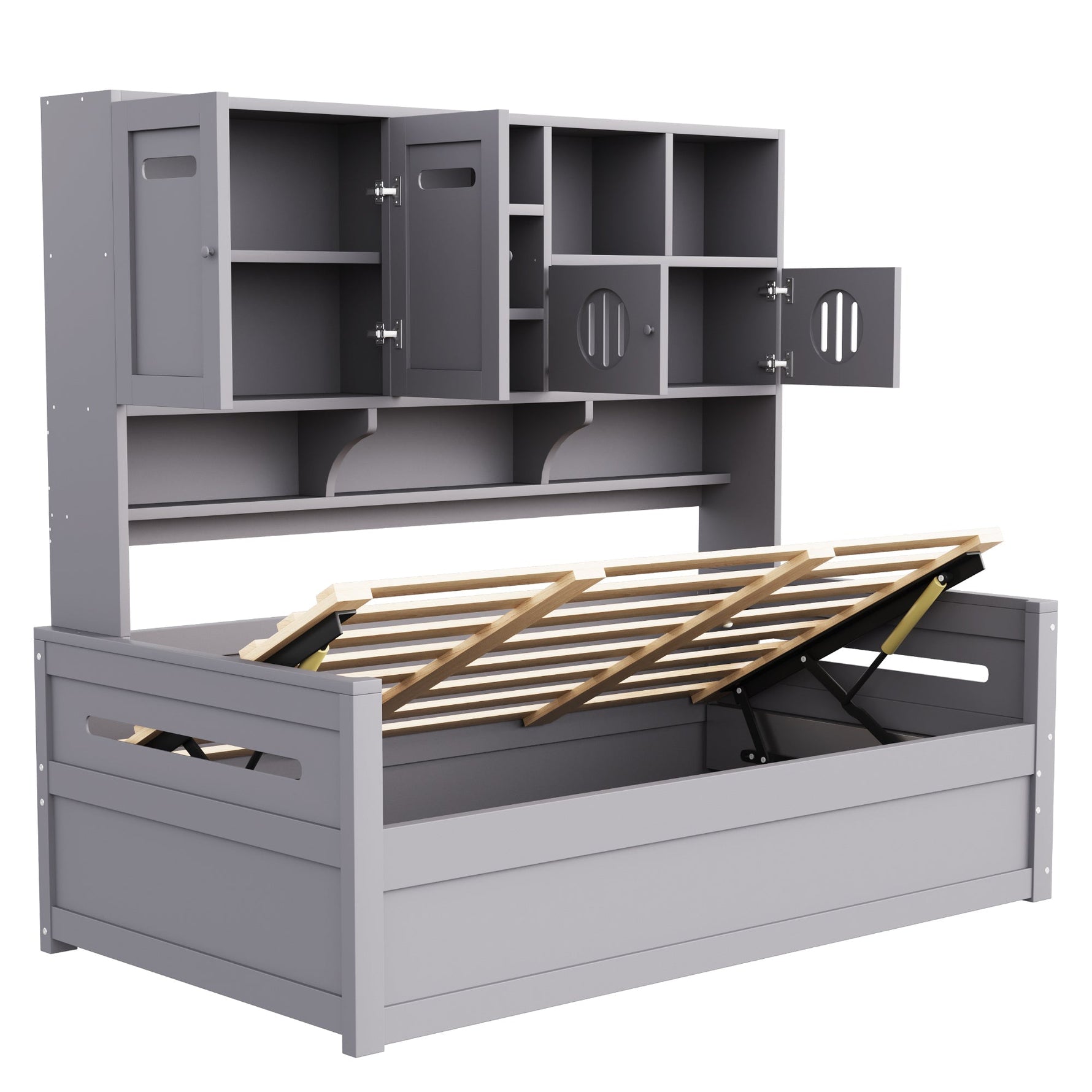 Sofa Bed, 90 x 200 cm Multifunctional Hydraulic Single Bed Frame, Grey Wood