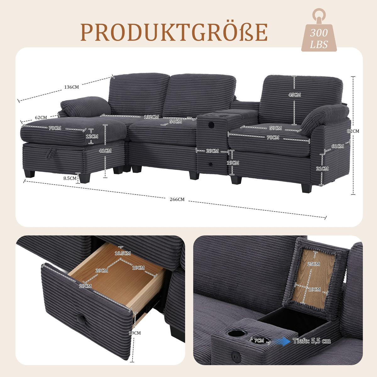 Sofa - Comfort Foam, Removable Console, USB-C, Storage Ottoman - Corduroy