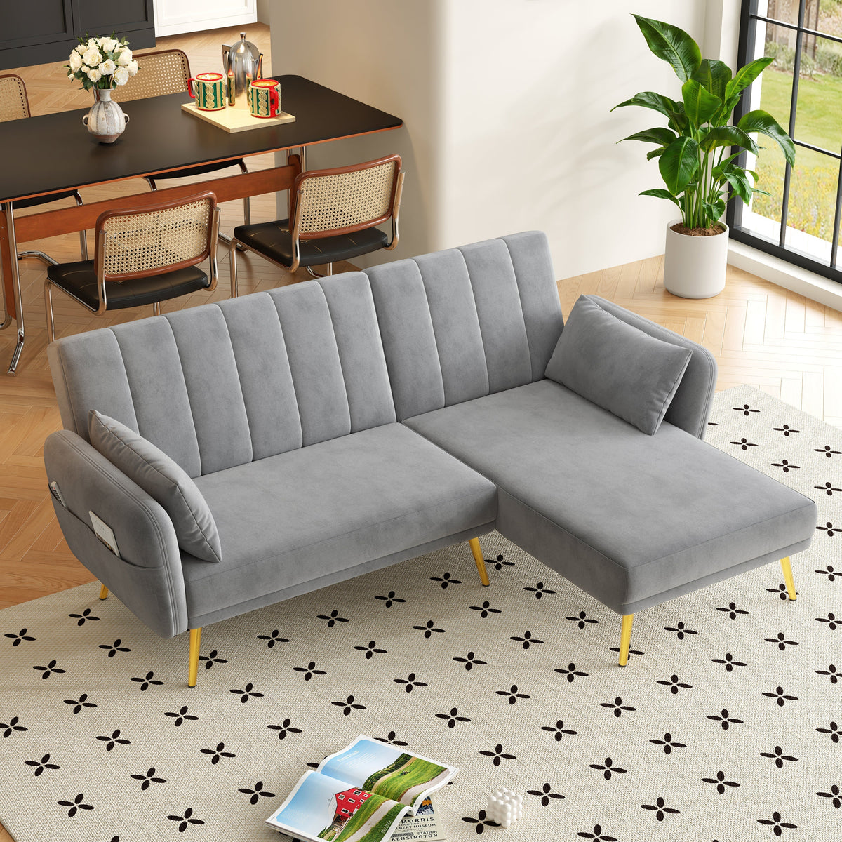 Modern L-Shaped Fold-Out Sleeper Sofa with 3-Position Adjustable Backrest, Velvet