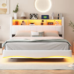 Upholstered Bed, 160*200, Multifunctional Storage, LED Light, USB and Type-C Interface, Beige Linen Fabric