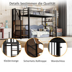 Loft Bed, 90x200 with Safety Stairs & Storage Wardrobe, Black