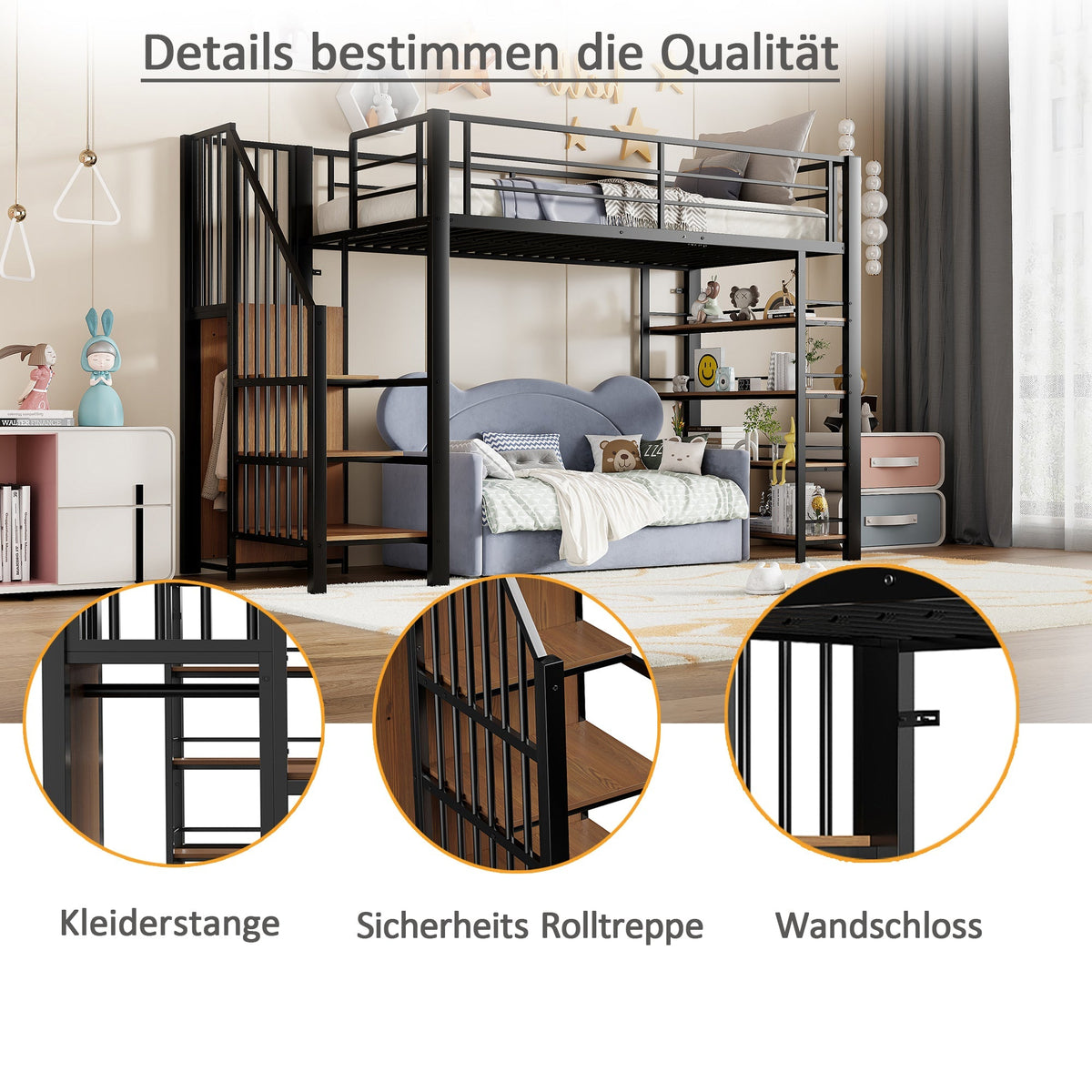 Loft Bed, 90x200 with Safety Stairs & Storage Wardrobe, Black
