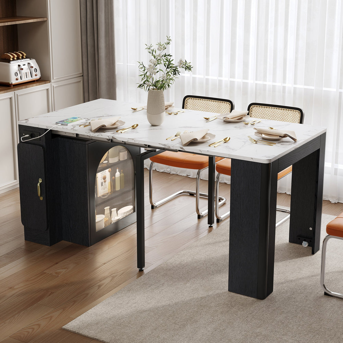 Kitchen Island, Extendable Mobile Serving Cart with Wheels, Black