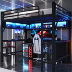 Gaming Loft Bed with Desk, Bookshelf & Wardrobe, Black Metal