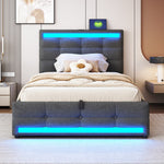 Upholstered Bed 90x200 Hydraulic Storage USB LED Light Strip, Grey Linen Single Bed