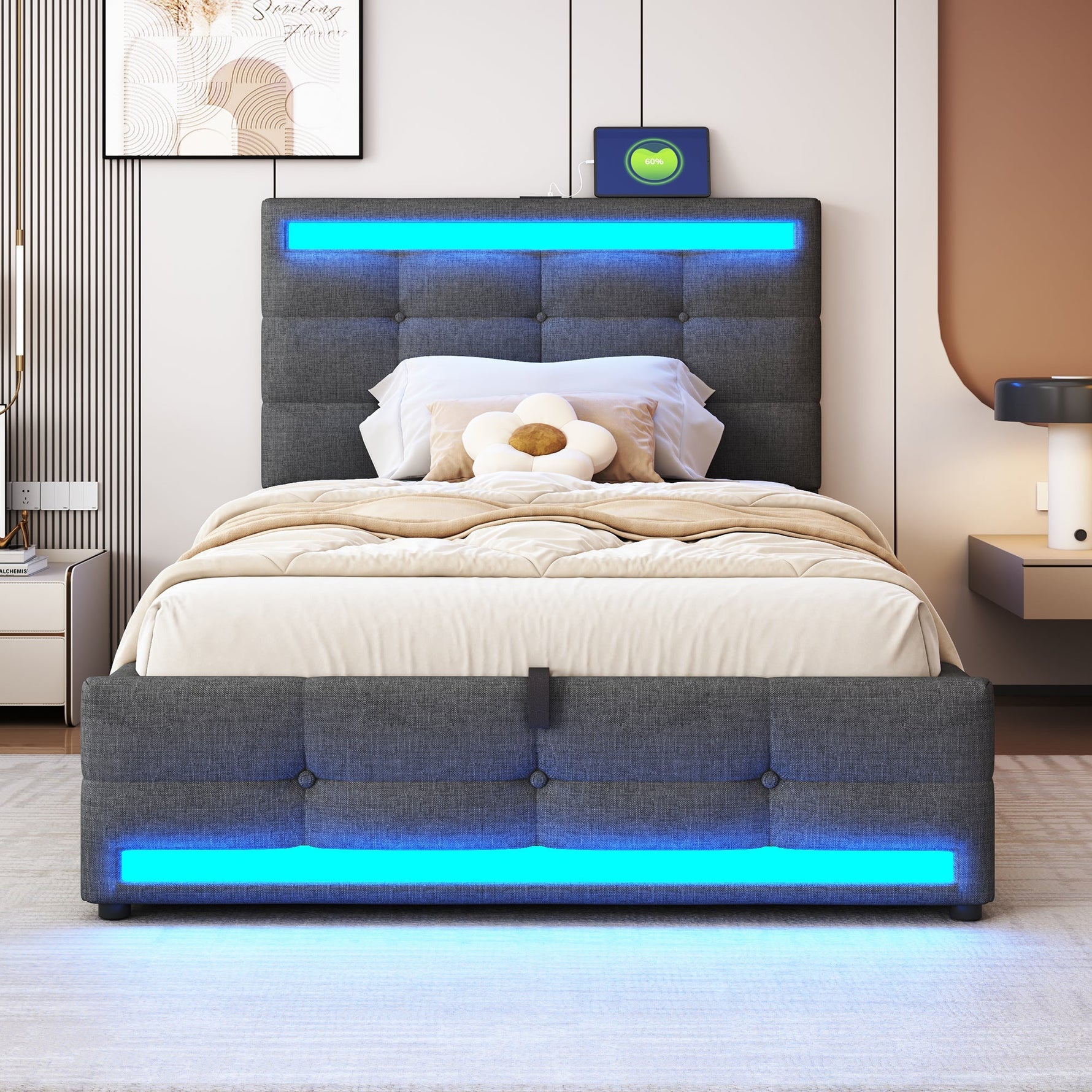 Upholstered Bed 90x200 Hydraulic Storage USB LED Light Strip, Grey Linen Single Bed