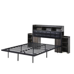 Double Bed 140x190cm with 2 Pull-out Nightstands Storage USB/Type-C LED Grey