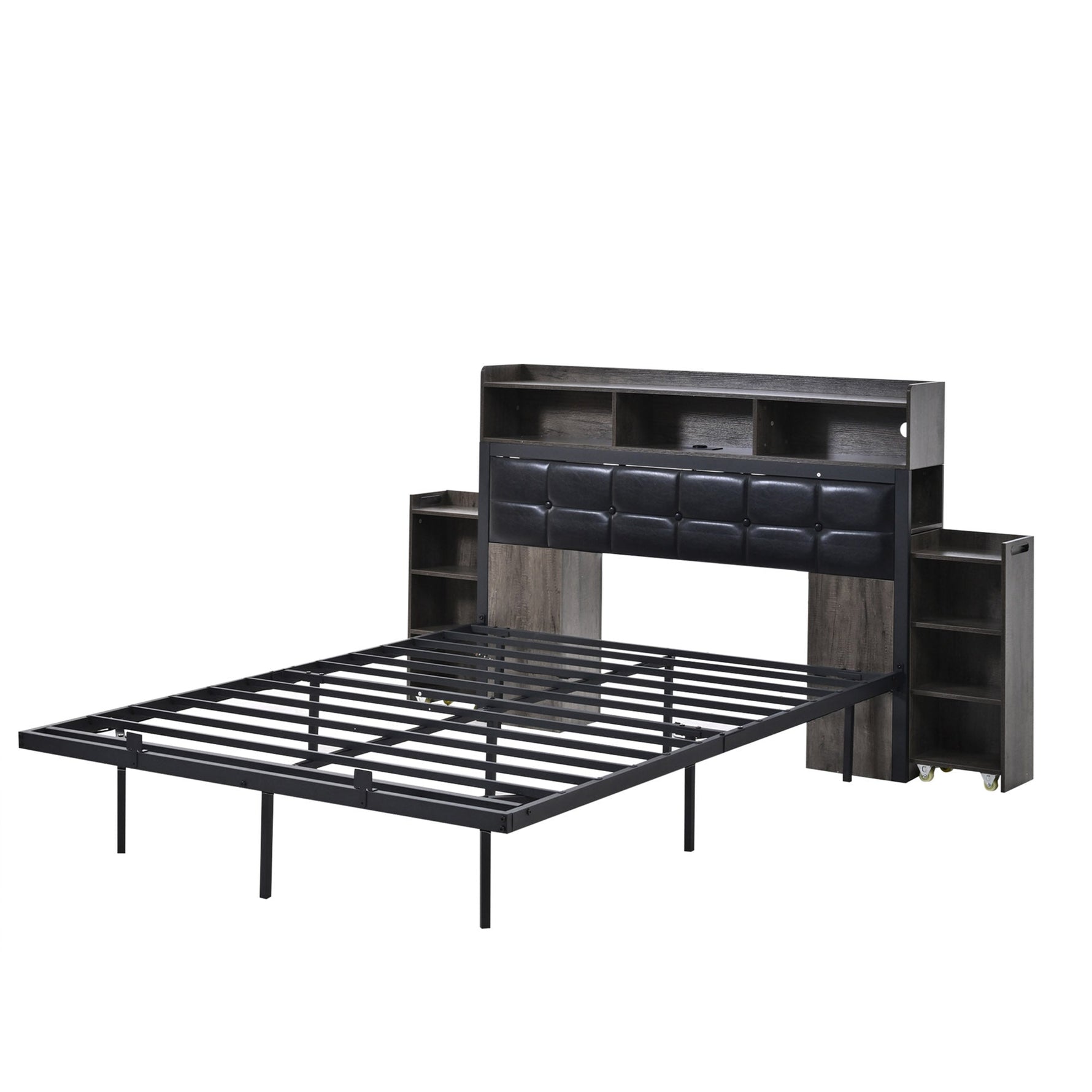 Double Bed 140x190cm with 2 Pull-out Nightstands Storage USB/Type-C LED Grey