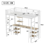 Iron Frame Bunk Bed with Table, Shelves, Safety Rail, 90x200cm, White Iron + MDF
