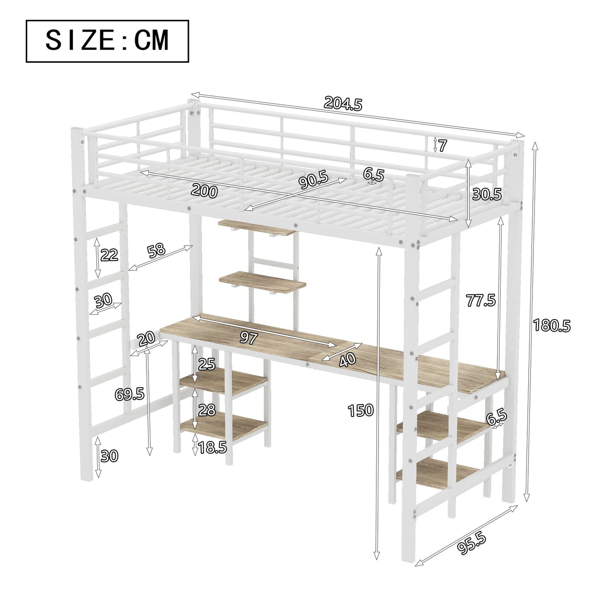 Iron Frame Bunk Bed with Table, Shelves, Safety Rail, 90x200cm, White Iron + MDF