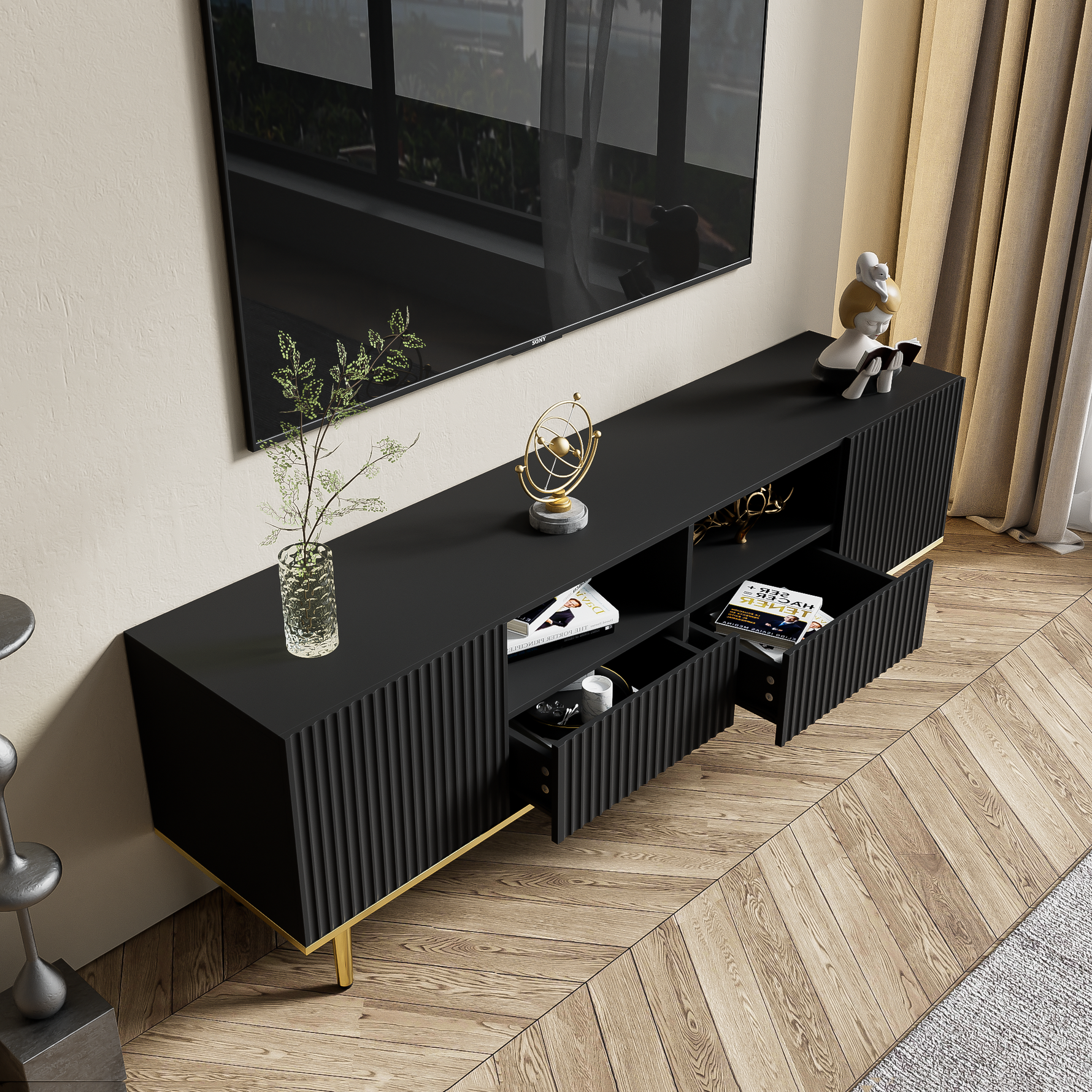 TV Cabinet, Modern with Golden Feet and Edge