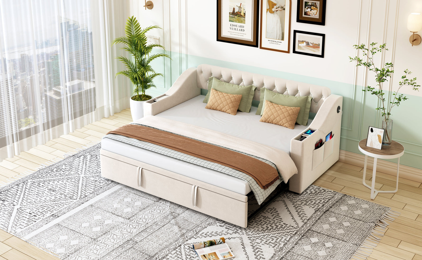 Upholstered Sofa Bed, 90/180*190cm, USB Charging, Storage, Velvet Beige