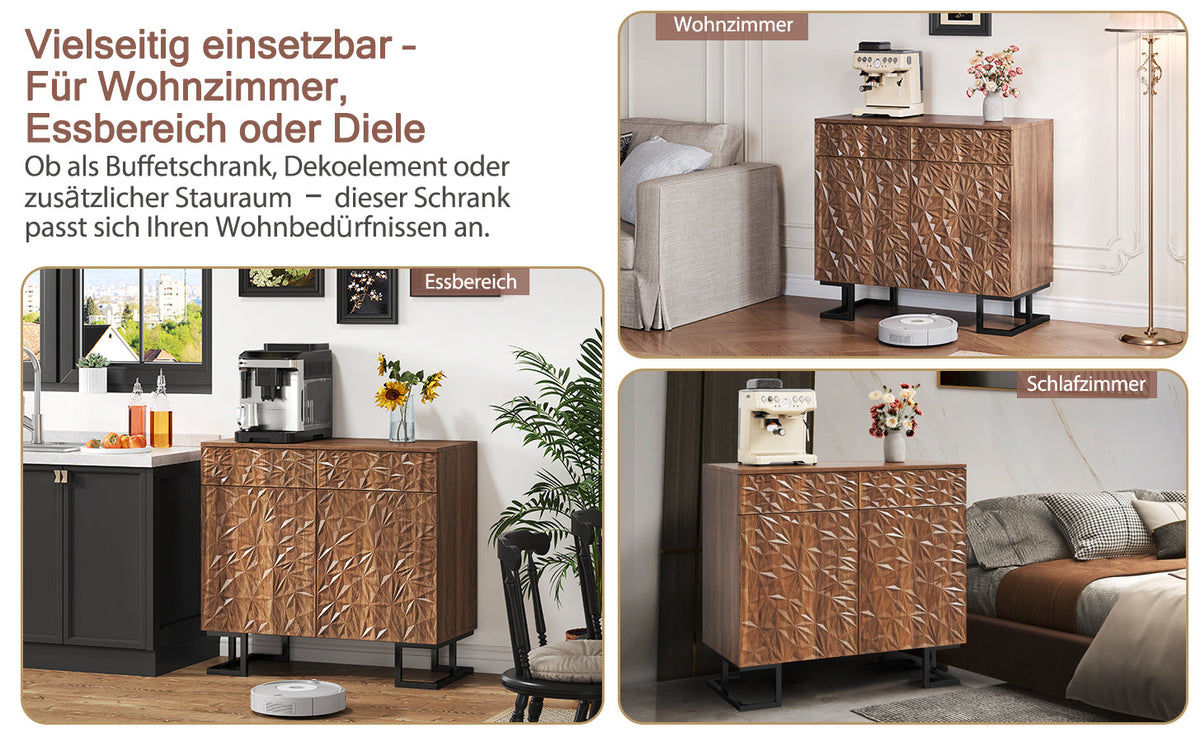 Sideboard/Chest of Drawers, 80×40×78cm, 2 Doors & 2 Drawers, Leaf Relief, Dark Walnut Look