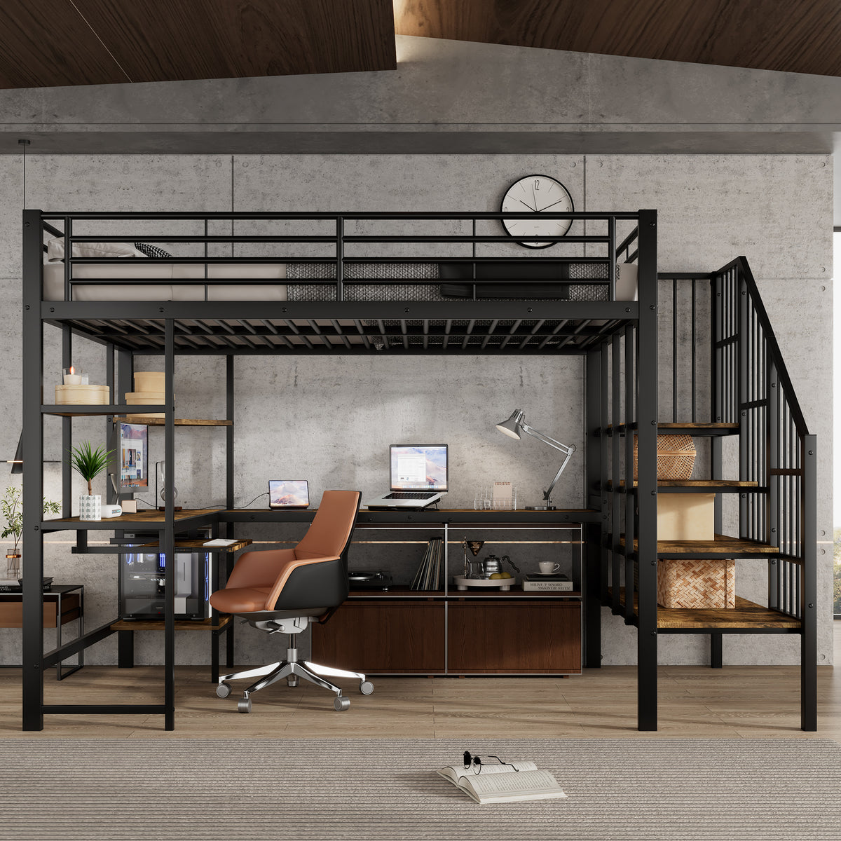 Iron Loft Bed with Desk & Storage, 120x200cm, Black Iron + MDF