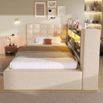 Upholstered Single Bed 90x200cm LED Lighting Hydraulic Storage L-Shaped Headboard Linen Beige
