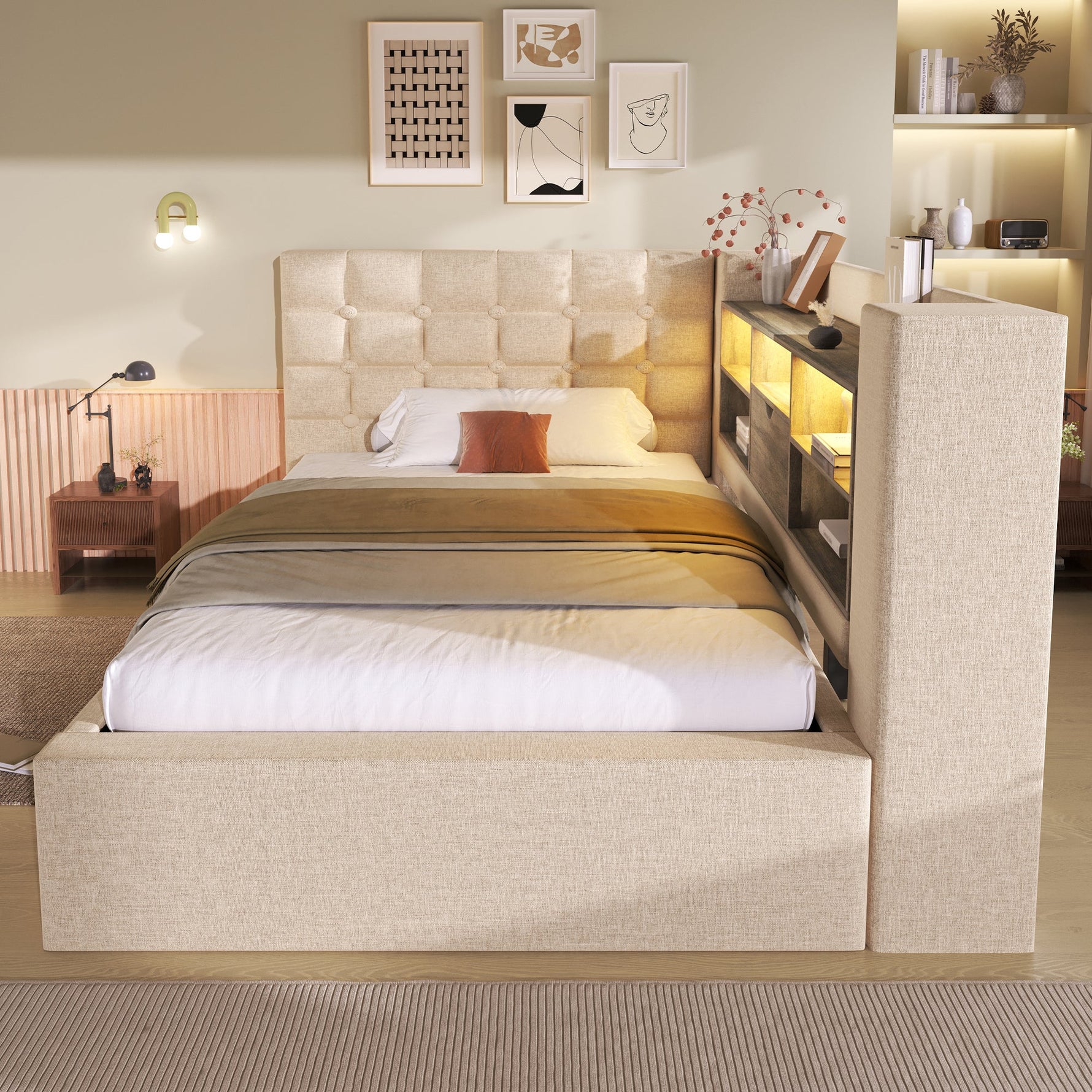 Upholstered Single Bed 90x200cm LED Lighting Hydraulic Storage L-Shaped Headboard Linen Beige
