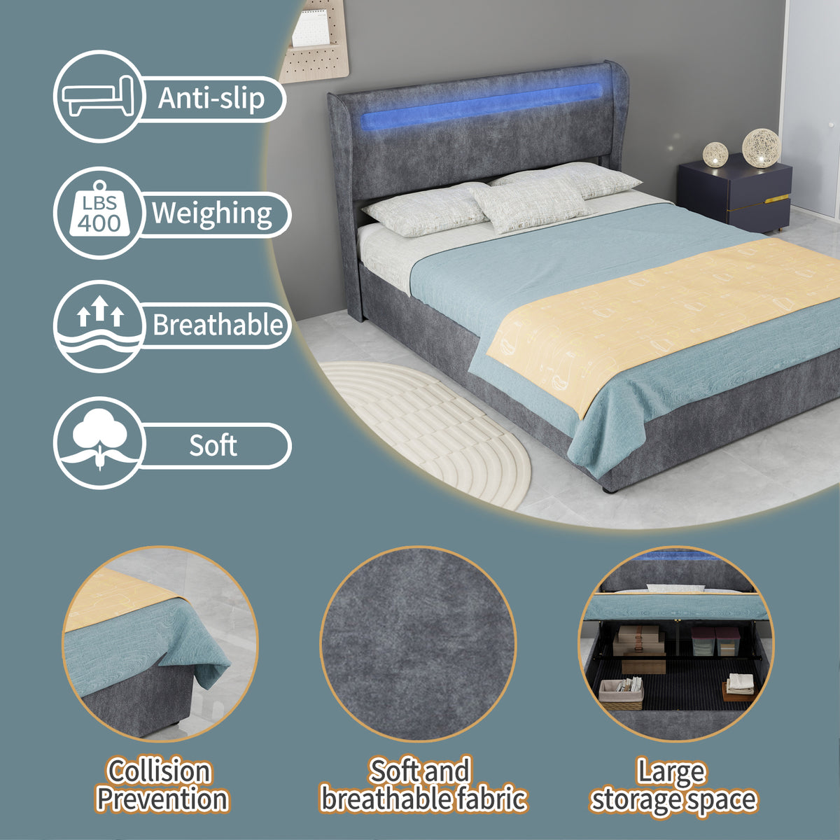 Modern Upholstered Bed with LED & Storage, 140x200 cm, Grey