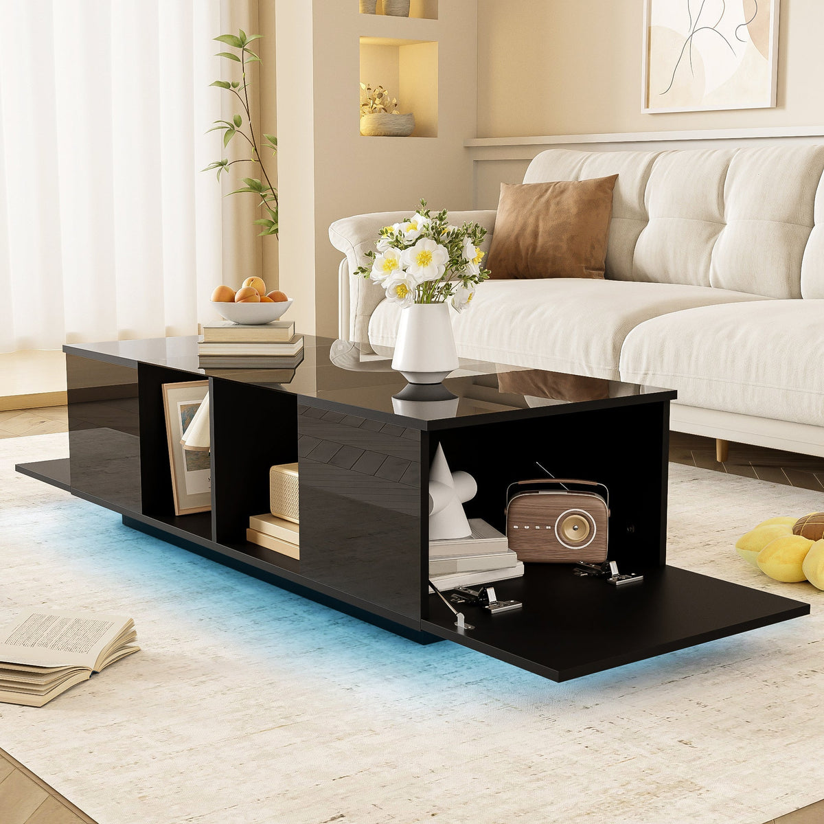 Modern Coffee Table with LED Lighting, High-Gloss, Black