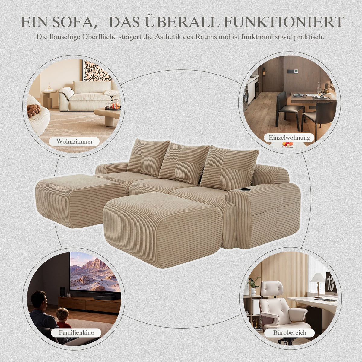 3-Seater Modular Sofa with Ottomans, Cup Holders and Side Pocket, Khaki Corduroy