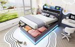 Children's Bed, Upholstered with Lights, USB, Storage, Gray Linen