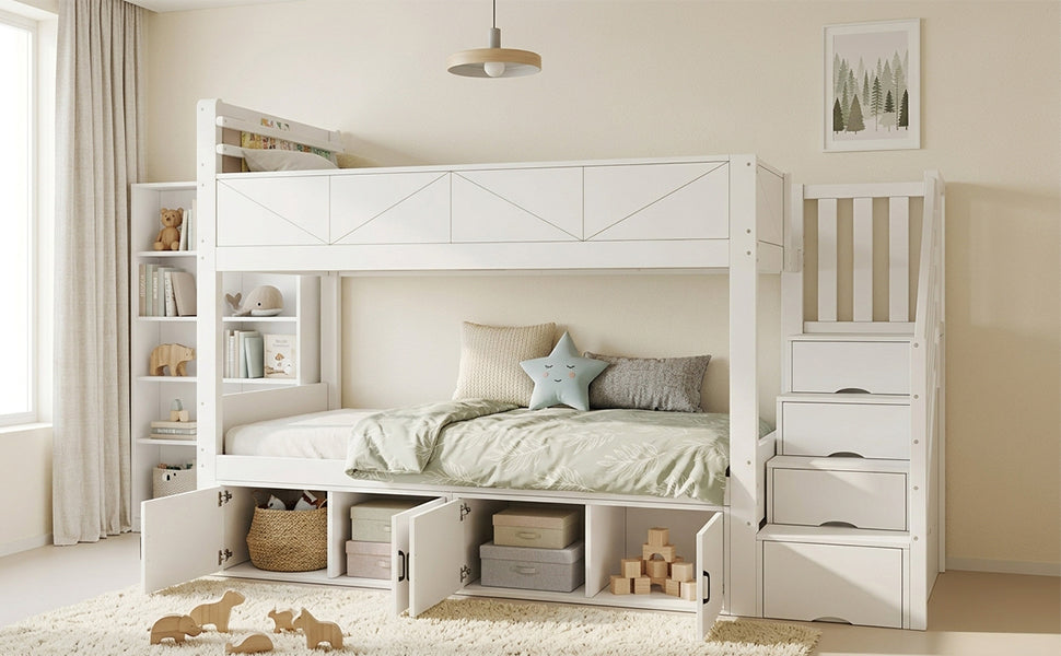 Bunk Bed 90x200 cm with Storage Stairs & Bookshelf, White