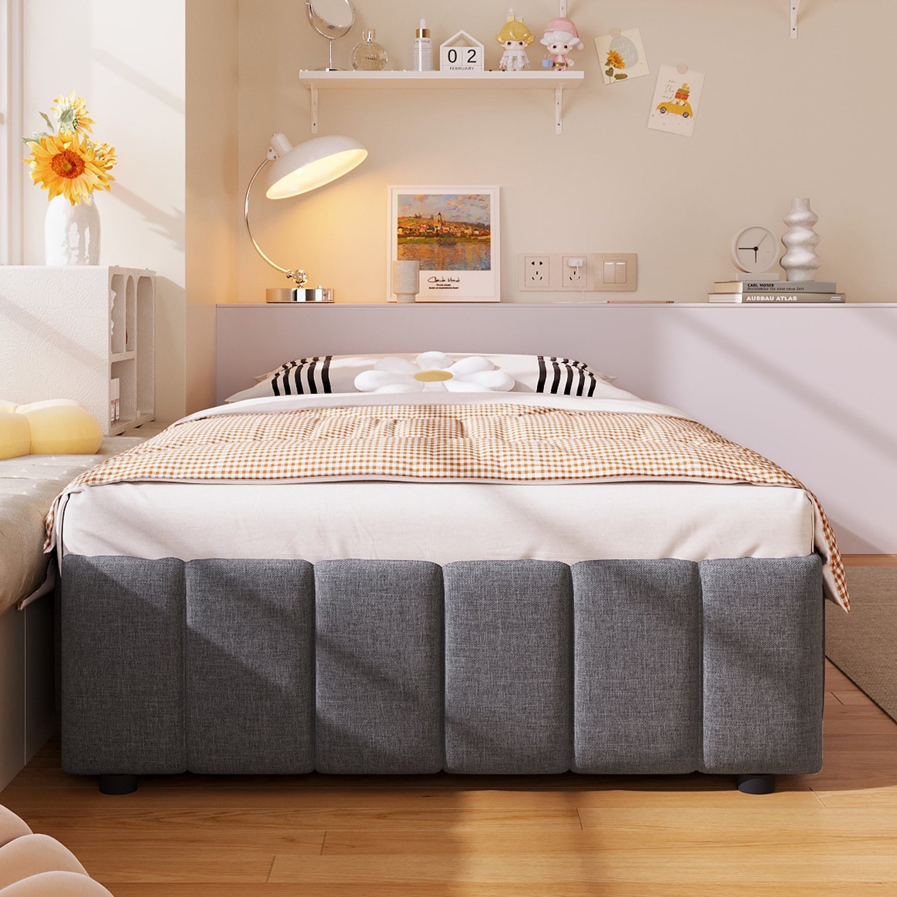 Upholstered Bed with Hydraulic Storage and 90x200cm Base, Grey