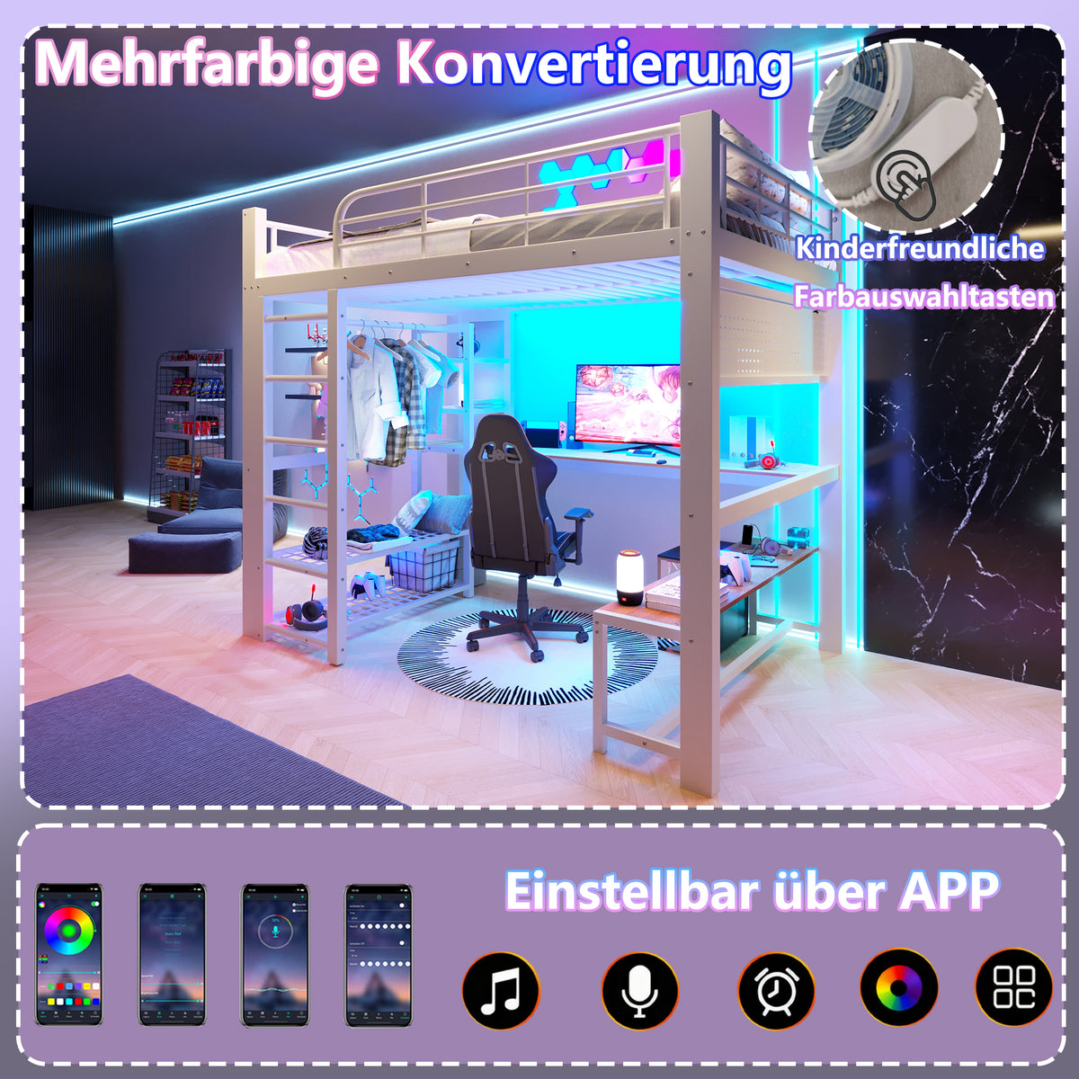 Loft Bed 140x200cm with LED, Storage Stairs & Grid, White Metal