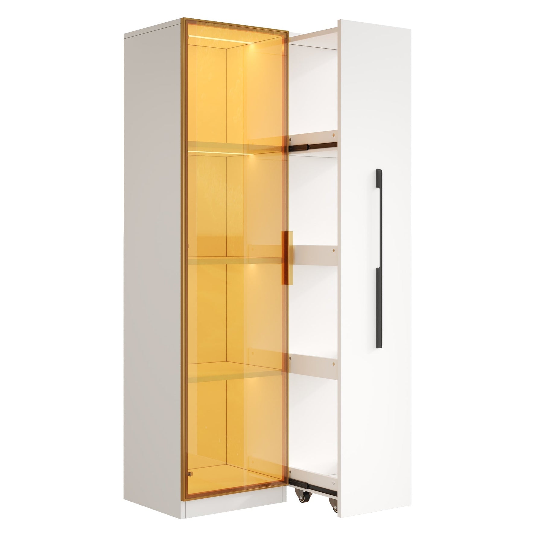 Display Cabinet with Glass Doors, Side Drawers and LED Lighting, White MDF