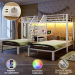 Bunk Bed with LED Lights, Integrated Storage Ladder, USB Ports and Desk, White