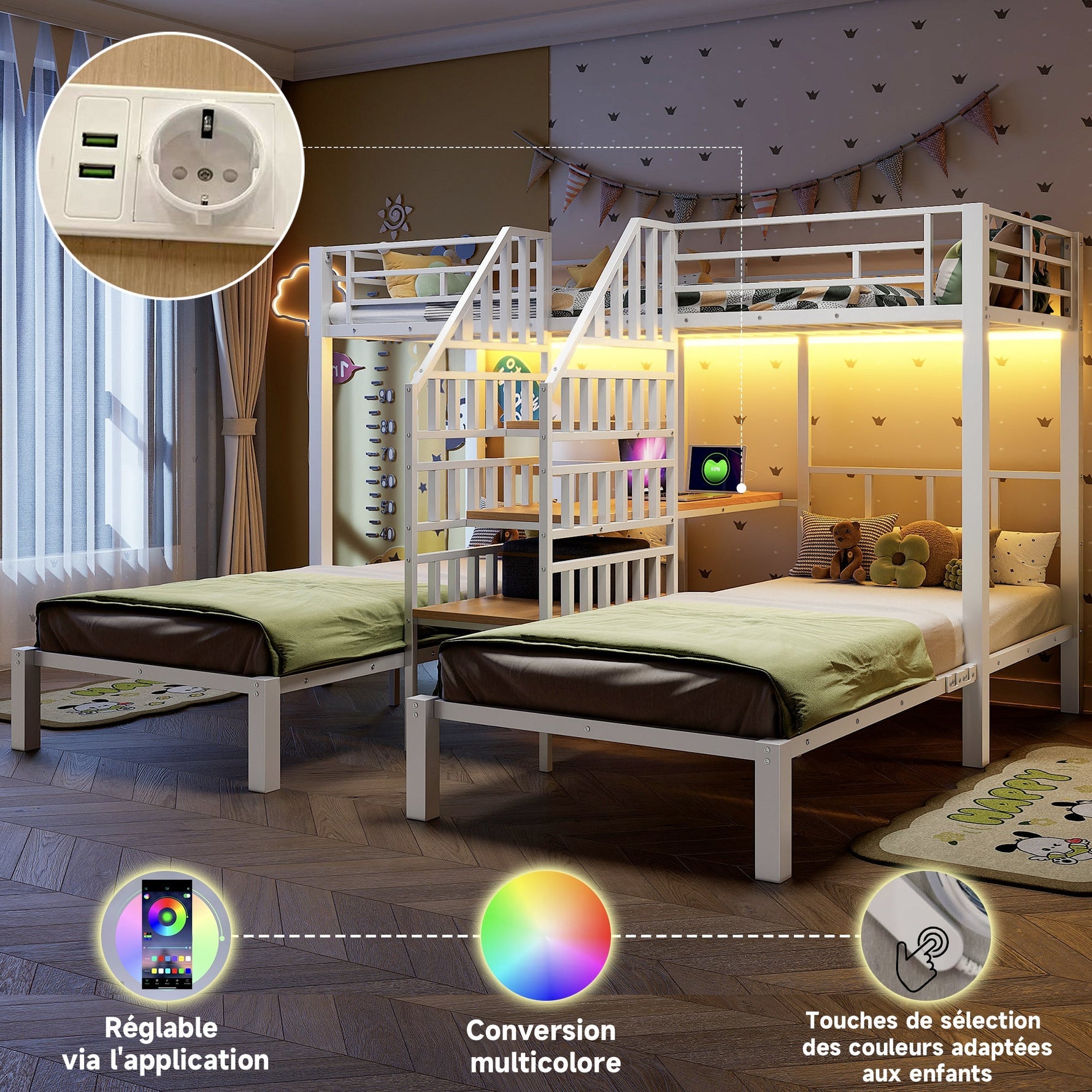 Bunk Bed with LED Lights, Integrated Storage Ladder, USB Ports and Desk, White