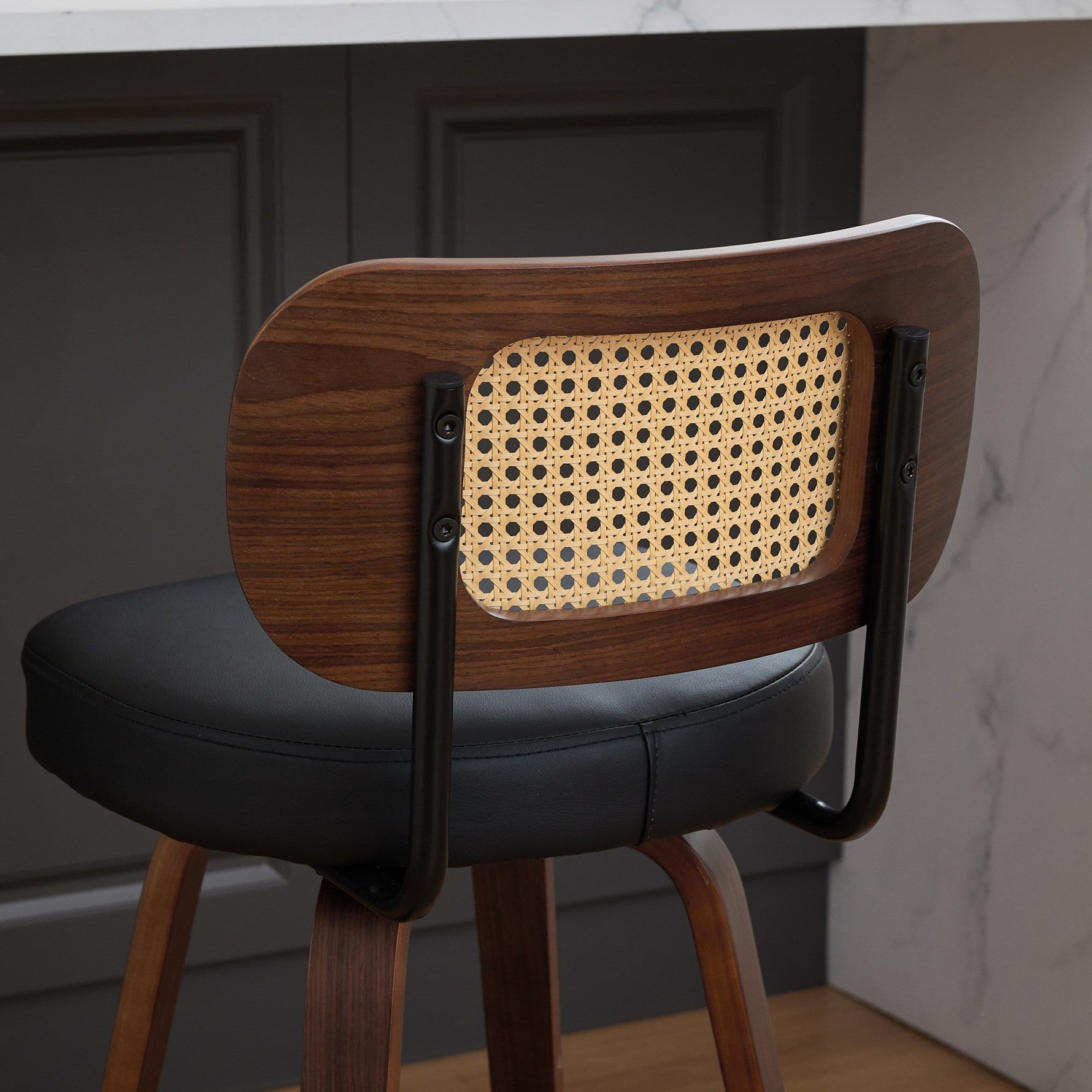 Set of 3 Counter Height Bar Stools Swivel Rattan Cane Back 26 inch Upholstered Seat Walnut Black