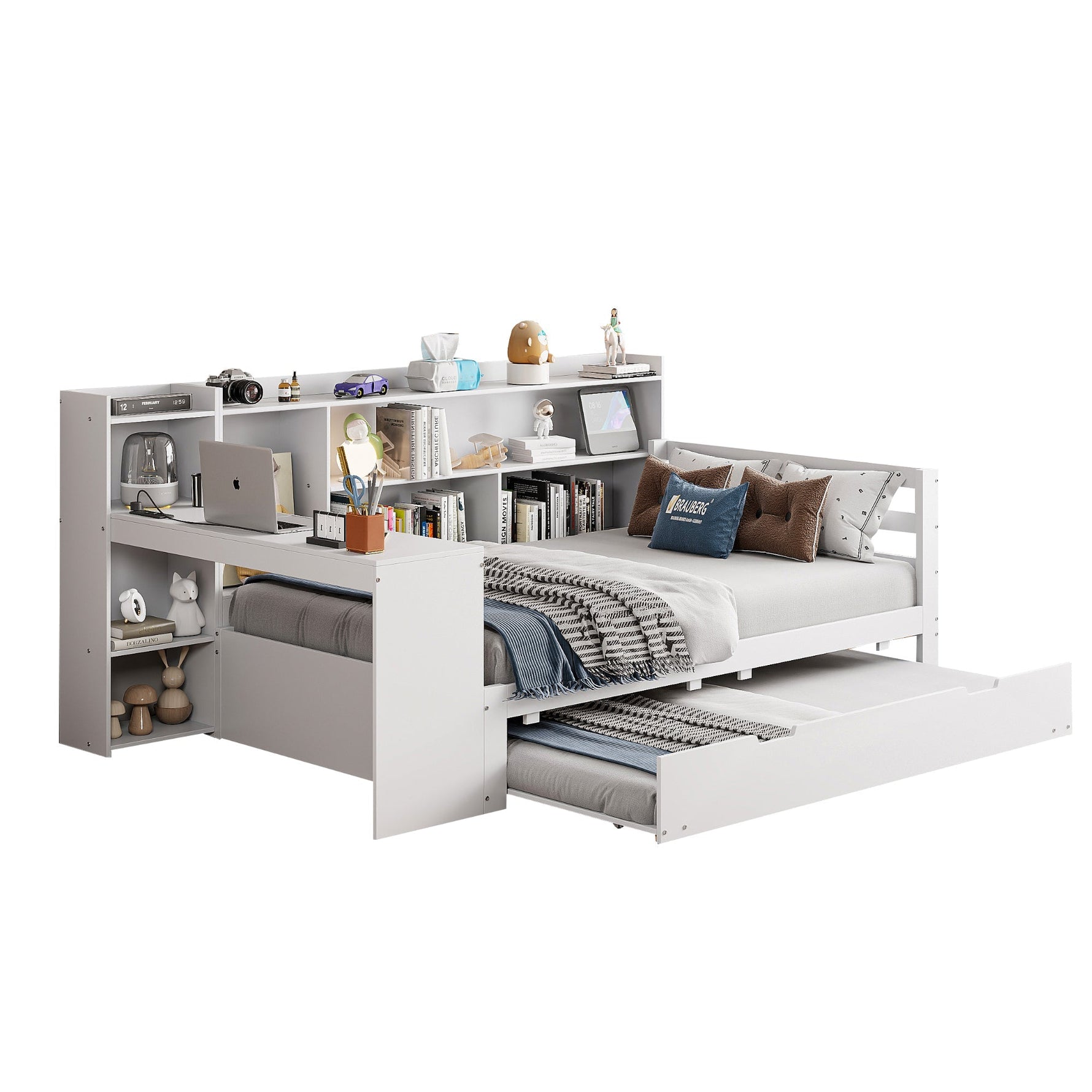 Solid Wood Sofa Bed 90x200cm Desk Bookshelves Pull-out Bed, Multifunctional White