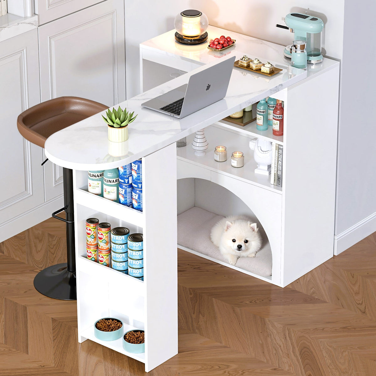 Extendable Table, Rotating High with Pet Area, White Marble Effect