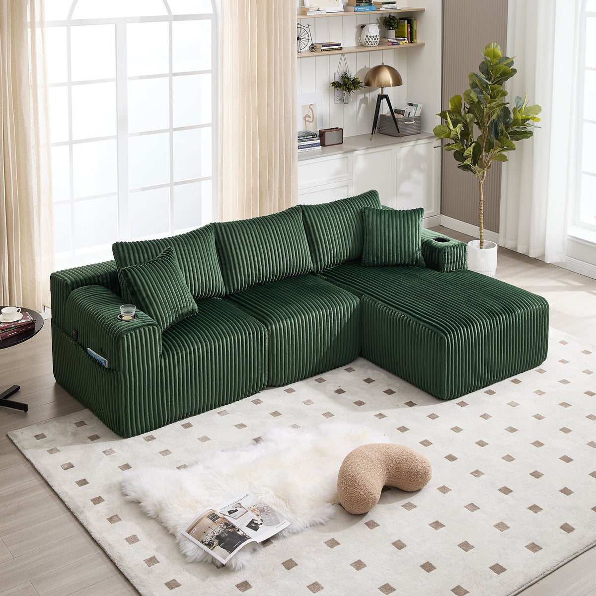 Modular Sofa Set Chaise Longue 2-Seater Side Pockets Drink Holders DIY - Corduroy