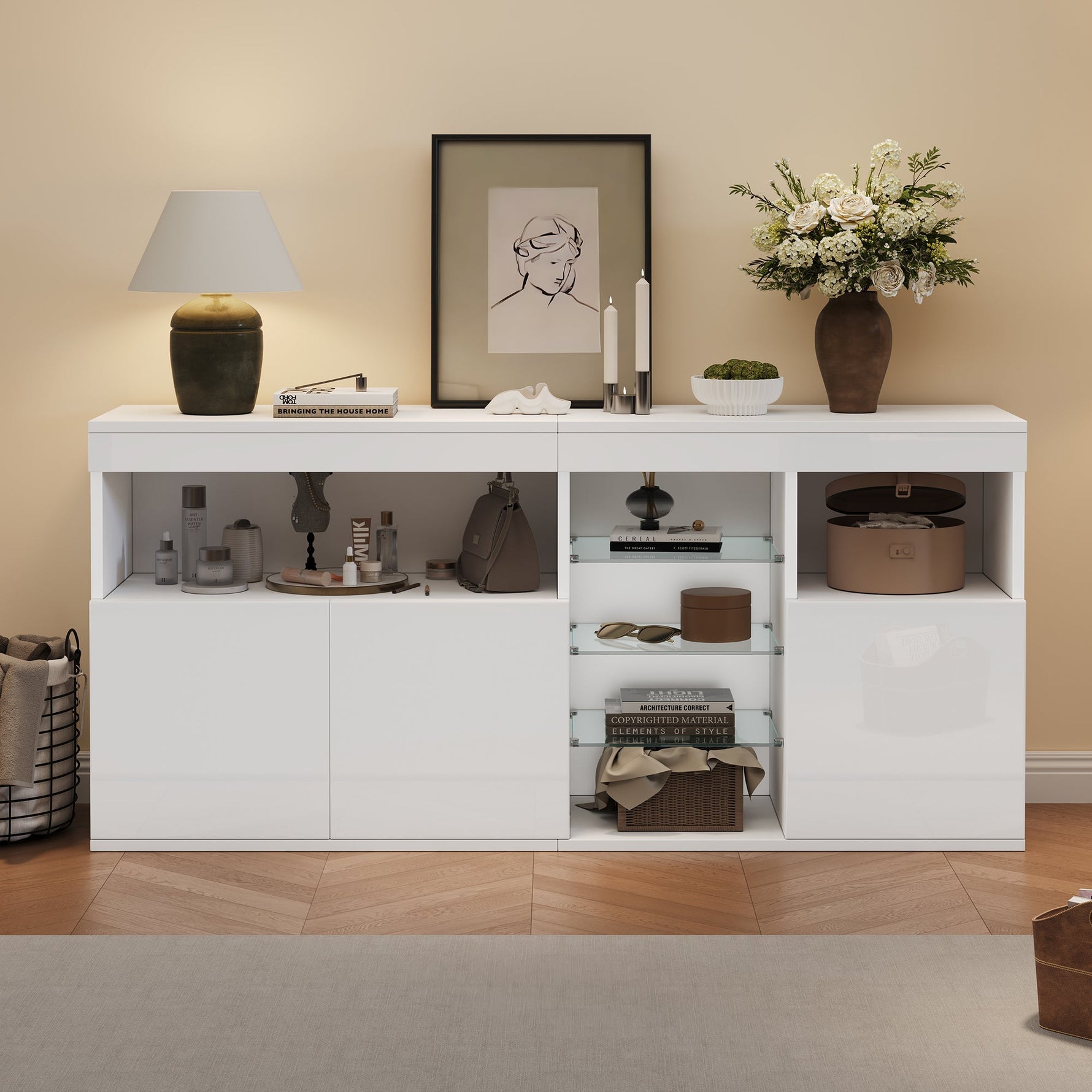 High-Gloss Cabinet 155.5cm LED 3 Doors Glass Partitions - White
