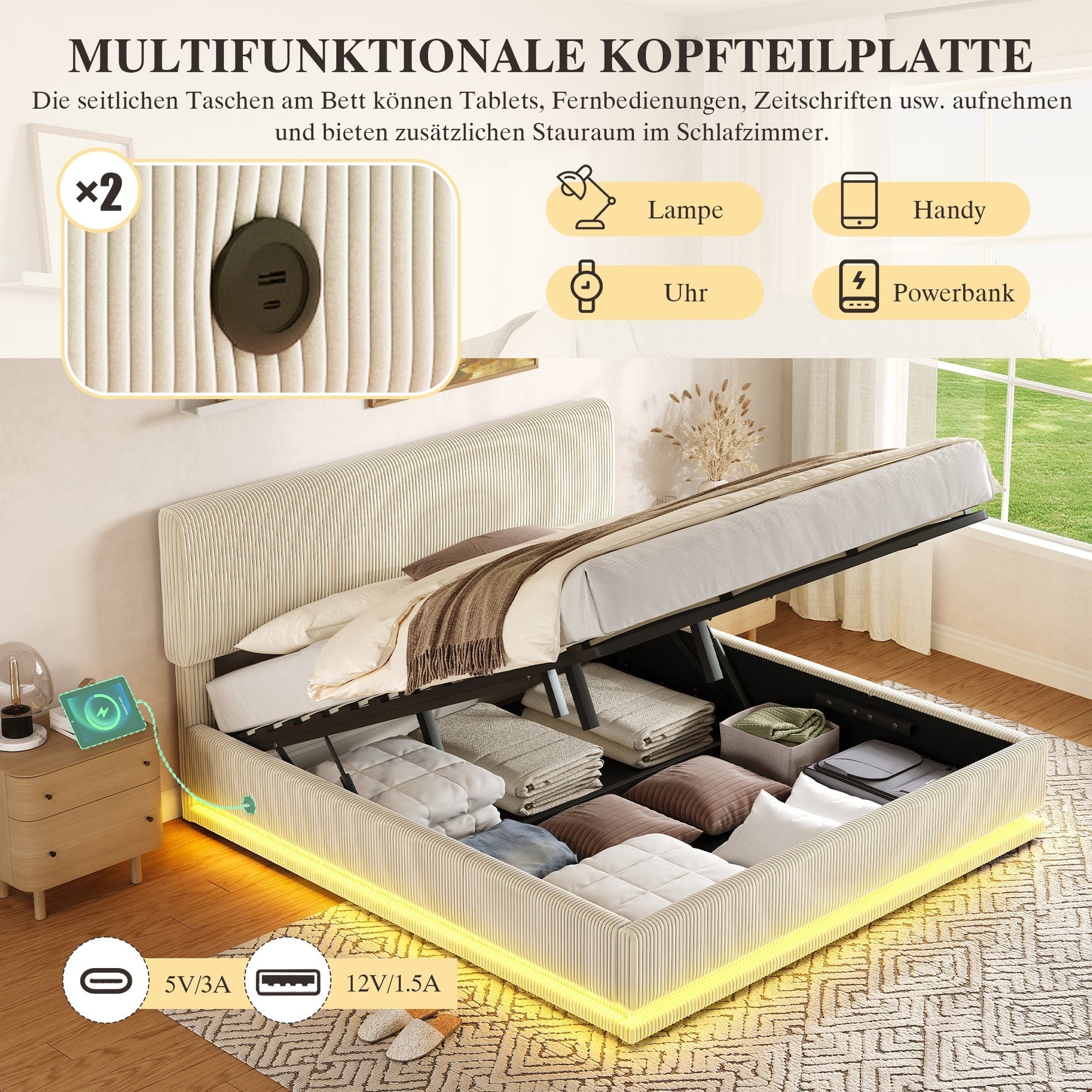 Modern Upholstered Bed with LED Lighting, USB-C and Storage, 180x200 Beige Corduroy