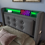 Upholstered Bed, 90x200 Single with LED Headboard, USB-C, Hydraulic Frame, Gray Cotton