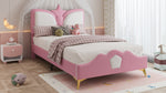 Kids Upholstered Bed 90x200cm Crown Headboard, Pink & White