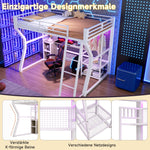 Loft Bed 140x200cm with Desk & Shelves, Light Strip, White Iron