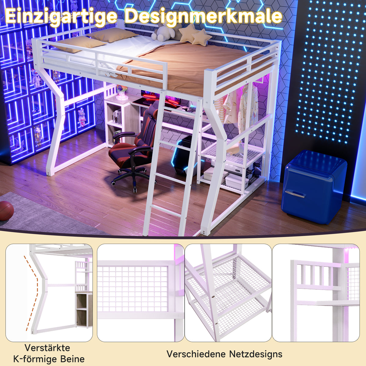 Loft Bed 140x200cm with Desk & Shelves, Light Strip, White Iron