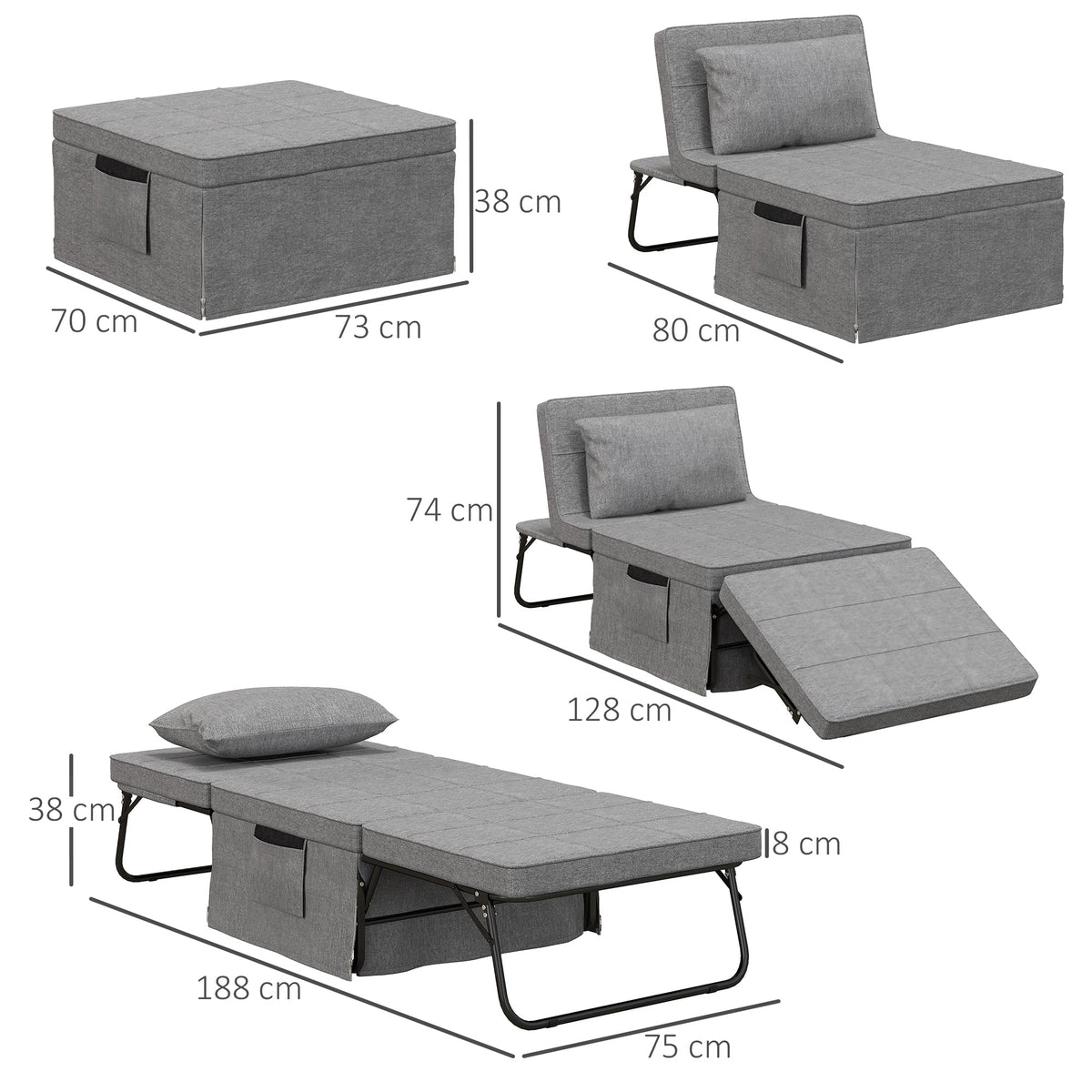 4-in-1 Folding Bed Guest Bed Armchair Ottoman, 5-Level Adjustable, Steel Frame